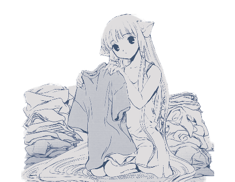 an image of an anime style girl surrounded by clothes